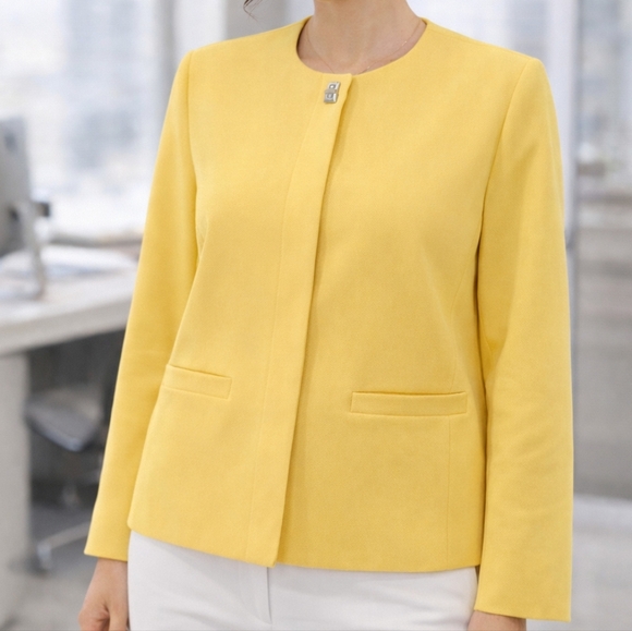 Zara Jackets & Blazers - Zara Basic Yellow Collarless Jacket Size L Silver Turn Lock Clasp Mod 60s Career